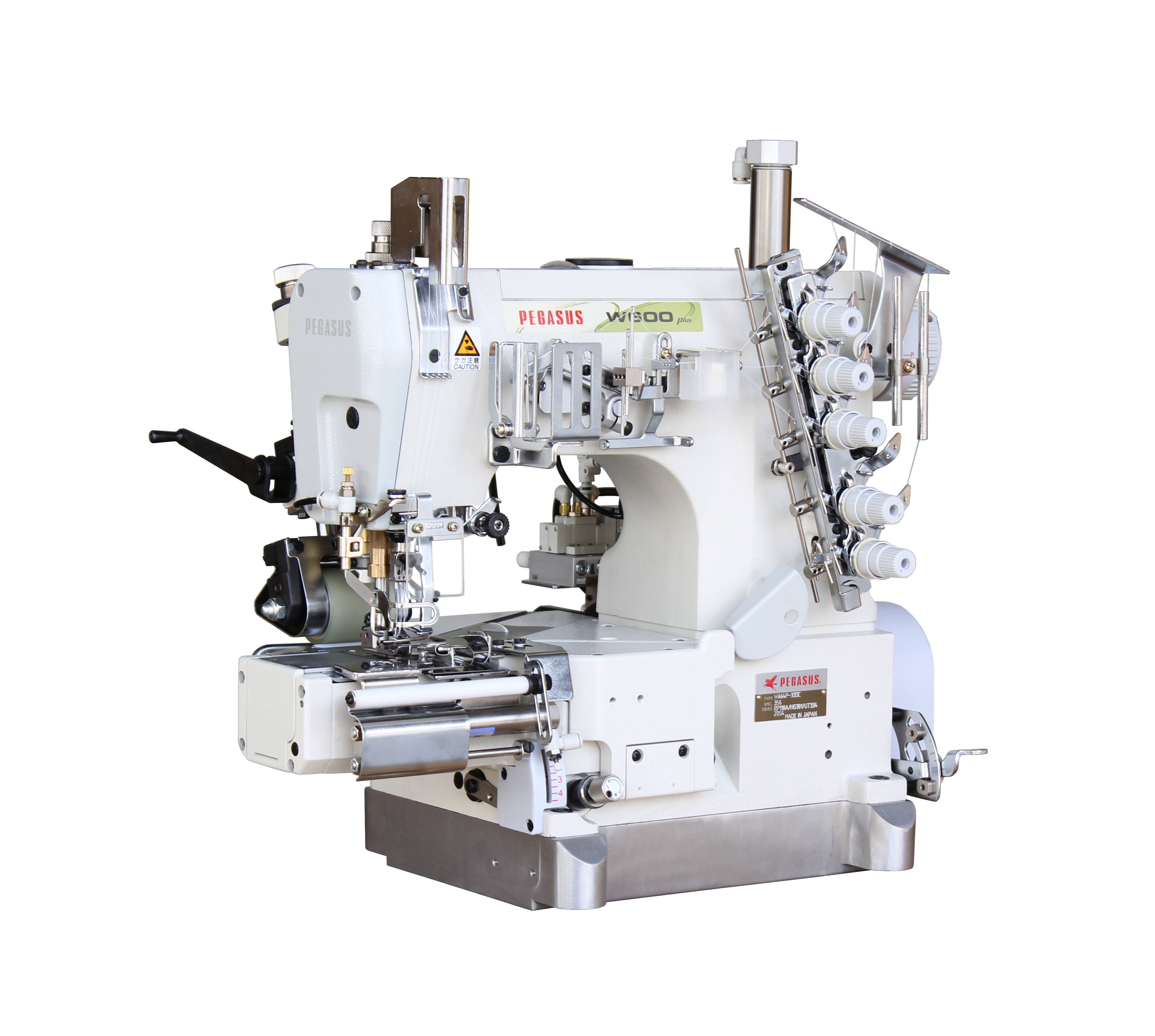Pegasus W664P-32DCX356/RP110A/HG301/UT334/Z054 – промислова 3-голкова 5-ниткова плоскошовна машина з циліндричною платформою та автоматичною обрізкою нитки